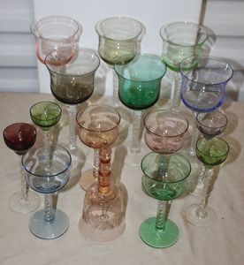 lot 68 image: Vintage Colored Glassware, Twisted Stems and bubble Stems, Including Etched Bell