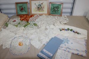 lot 80 image: Large Variety of Hand Made Doilies and Cross Stiched Dcor and other items