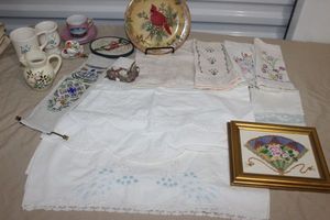 lot 81 image: Cross Stitched Hand towels and Dcor, Ceramic Dcor Items