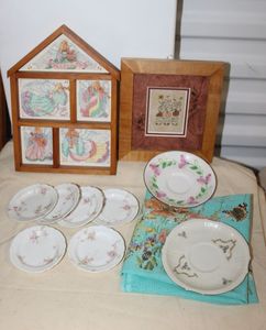 lot 82 image: Framed Cross Stitch with China Saucers