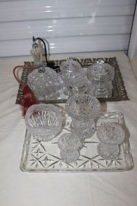 lot 93 image: Dresser Top Vanity Trays with Crystal Dcor and Vases, Perfume Bottles and More