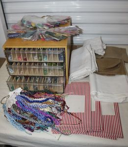 lot 96 image: DMC Thread Cabinet with Thread, Cross stich fabric and more