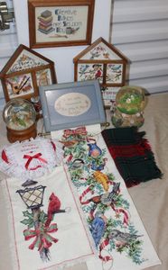 lot 100 image: Framed cross stitch dcor and towls