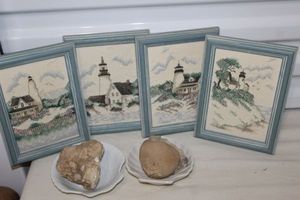 lot 138 image: Beautiful Frame Lighthouse Cross Stitch Pictures and two large Pieces of Cave Crystals