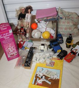 lot 150 image: Lot of Childrens Toys, including Barbies, Dominoes, and More