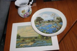 lot 142 image: Vintage Collectable First Edition Plate of the Texas Bluebonnets painting by, Porfirio Salinas, and also a Reprint of a Painting By Porfirio Salinas, and Decorative Pitcher