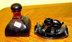 lot 56 image: OLD RED GLASS INK WELL AND ELEPHANT INK BLOTTER $$