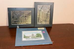 lot 90 image: 2 STAINLESS STEEL CUT MAPS NY AND FTW AND A HANDPAINTED WATERCOLOR OF THE CAPITOL BUILDING ALL APPROX 5X8