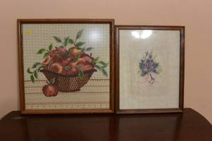 lot 92 image: PAIR OF HAND STITCHED FRAMED TEXTILES BASKET OF APPLES AND BLUE BONNETS