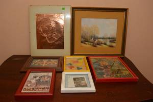 lot 105 image: LOT OF VARIOUS SIZE PICTURES  PAINTINGS, MOST WITH FRAMES