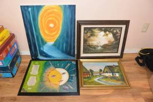 lot 110 image: 2 LARGE FRAMED SCENIC PAINTINGS 1 FRAMED SUN PAINTING AND 1 CANVAS ABSTRACT PAINTING