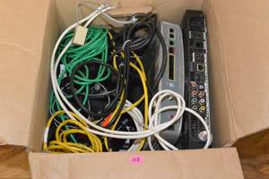lot 113 image: BOX FULL OF AT&T EQUIPMENT AND CORDS  COAX  CAT 5