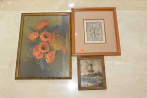 lot 120 image: LOT OF 3 PICTURES FEATURING FLOWERS AND A WINDMILL