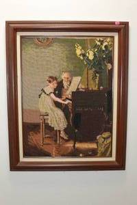 lot 158 image: VINTAGE THE MUSIC LESSON PETIT POINT WOOLEN GOBELIN NEEDLEPOINT COMPLETED WITH WOODEN FRAME $$$ CHECK COMPS