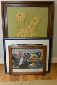 lot 189 image: FRAMED SIGNED PHOTO OF WALTER MONDALE AND GERALDINE FERRARO, FRAMED PHOTO OF BILL CLINTON AND A FRAMED NEEDLEPOINT OF FLOWERS