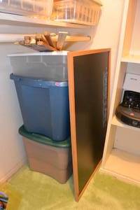 lot 208 image: 3 TOTES WITH LIDS, LARGE CHALK BOARD AND MORE
