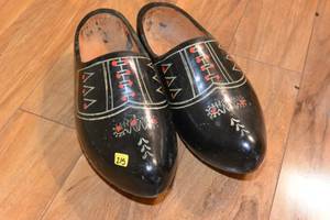 lot 215 image: PAIR OF WOOD CLOGS - THESE ARE THE SIZE OF AVERAGE ADULT SHOES