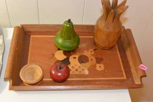 lot 237 image: VINTAGE WOODEN TRAY WITH WOOD FRUIT AS SHOWN