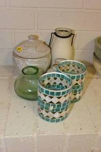lot 240 image: LOT OF DECORATIVE GLASS AND CERAMIC PIECES AND A GLASS MILK BOTTLE CANDLE