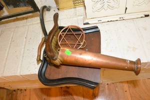 lot 244 image: ANTIQUE HAND BROOM & DUSTPAN, ANTIQUE BRASS CANDLE EXTINGUISHERS, ETC..