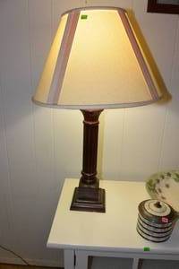 lot 247 image: VINTAGE COLUMN LAMP WITH OFF-WHITE SHADE