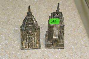 lot 293 image: GODINGER SILVER EMPIRE STATE AND CHRYSLER BUILDING SALT AND PEPPER SHAKERS $$ (X MONEY)