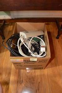 lot 391 image: BOX FULL OF CABLES, CORDS AND SURGE PROTECTORS