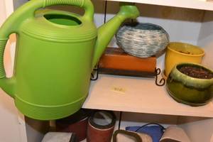 lot 412 image: WATERING CAN, CERAMIC PLANTERS AND A NEW CANDLE STILL SEALED IN PLASTIC