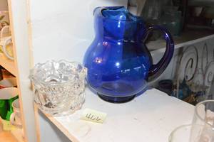 lot 466 image: COBALT GLASS PITCHER AND CRYSTAL CANDY DISH
