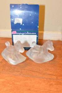 lot 58 image: FROSTED GLASS ROCKING HORSE CANDLE HOLDERS