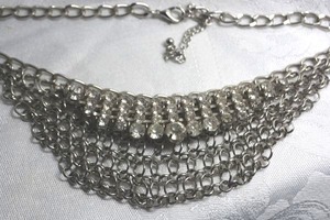 lot 11 image: Rhinestone and chain mesh bib style necklace. 15L with 3 extender. Lobster clasp.