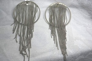 lot 12 image: Large hoop tassel ball bead chain mesh chandelier poststud waterfall earrings. 5L x 2.25W