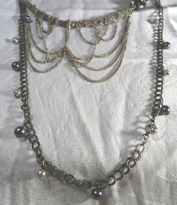 lot 65 image: Industrial mixed metal and chain steam punk style layered necklace with faux pearl dangles. Continuous chain. 46L