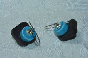 lot 118 image: Stacked French ear wire earrings with black wood base and blue ceramic kiln fired and glazed bead dangle. 1.5L