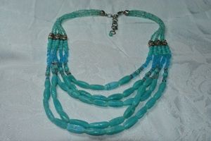 lot 133 image: Scarce Turquoise glass bead multi strand necklace with hand cast brutalist connectors. 16L with 2 extender. Lobster clasp.