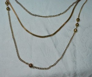 lot 145 image: Copper color layered chain and ball bead metal industrial necklace. 26L Lobster clasp. Overall length 34L