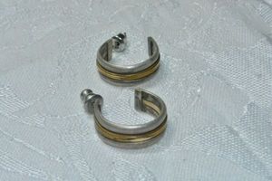 lot 157 image: Vintage industrial two tone brass and burnished pewter open hoop poststud earrings. (likely 1970s)