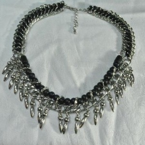 lot 174 image: Industrial style goth silver finish, black wood bead and black fabric spike necklace. 16L with 1 extender.