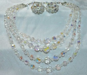 lot 239 image: Faceted AB glass crystal multi strand necklace with clip earrings, 12L with 3 extender. Shepherd crook clasp.