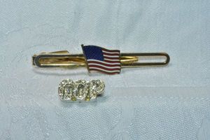 lot 243 image: Rhinestone GOP Republican party pin and vintage tie bar with enamel flag topper.