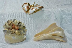 lot 308 image: (3) Shell broochespins. Includes freshwater pearl decorated pin and 1960s era gold plated brown spotted clam shell butterfly plus
