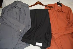 lot 102 image: Mens dress shirts grey size 1632-33 and dark orange size 1734-35. Plus Sean John pant size 45W. Look New Never Worn.