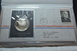lot 31 image: Harry S. Truman Silver Proof Collectors Coin and First Day of Issue stamp