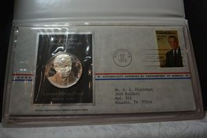 lot 32 image: Lyndon B. Johnson Silver Proof Collectors Coin and First Day of Issue stamp