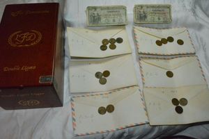 lot 48 image: Cigar box, 1950s wheat pennies, and 2 Military Payment Certificates - 5 cents each
