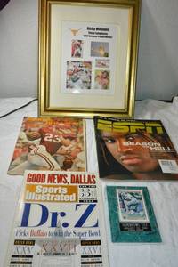 lot 61 image: UT and Dallas Cowboys lot Ricky Williams magazine, Larry Brown signed Trading card, and SI Harry Jones magazine with signature, see photos