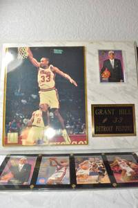 lot 142 image: Grant Hill #33 from Detroit Pistons plaque and cards