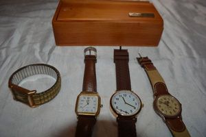 lot 118 image: Mens watches with leather bands, Empty watch box, gold tone watch needs cleaned and repair