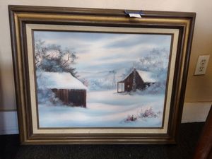 lot 171 image: Wall art - snowy cabins