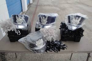lot 70 image: Lot- 4 Marching Band Hats With Plums, 3-Like New In Carrying Cases
